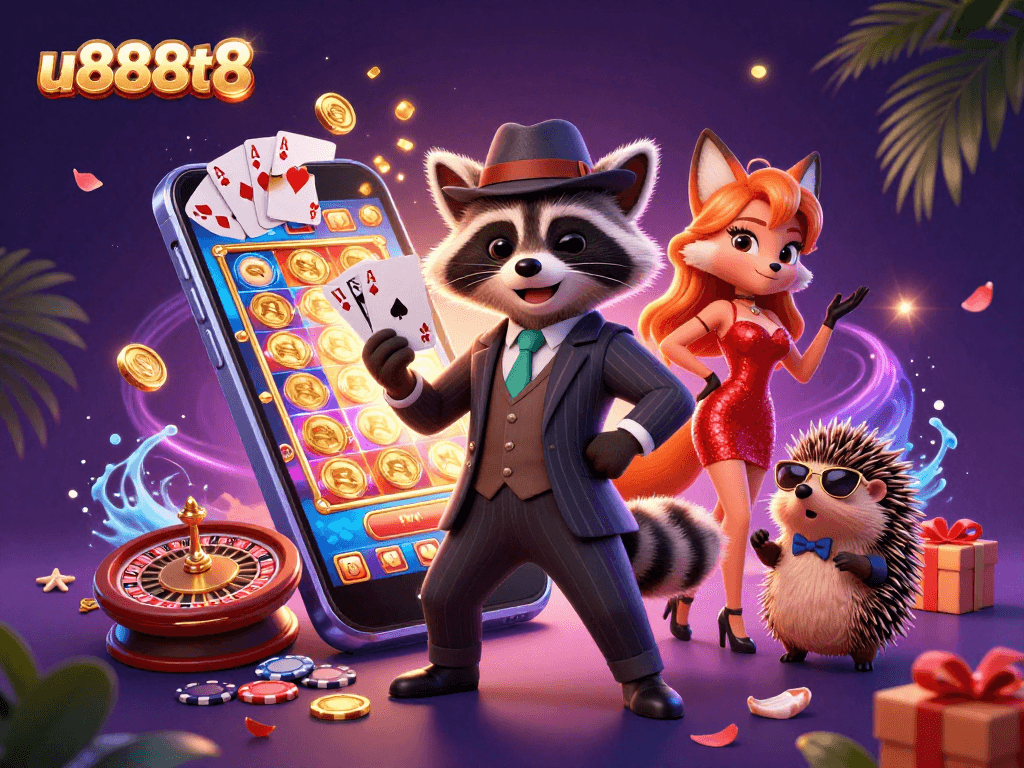 Experience thrilling games at u888t8 with our vibrant casino scene featuring dynamic characters and action.