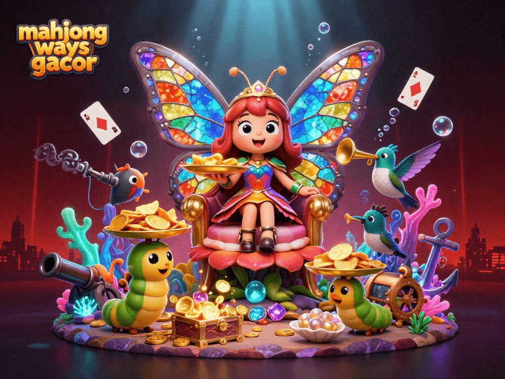 Engage with mahjong ways gacor in this vibrant casino scene featuring a butterfly queen and rich game elements.