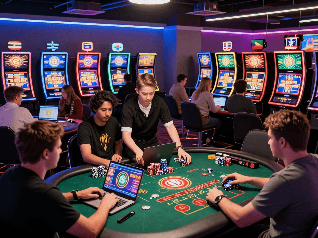Players engaged at non UK licensed casinos with vibrant gaming setups and diverse slot machines.