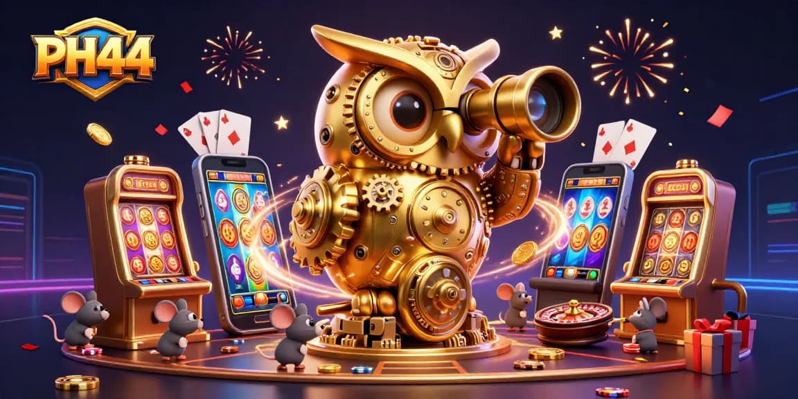 Engage with exhilarating games at PH44, featuring a golden owl in a vibrant casino scene.