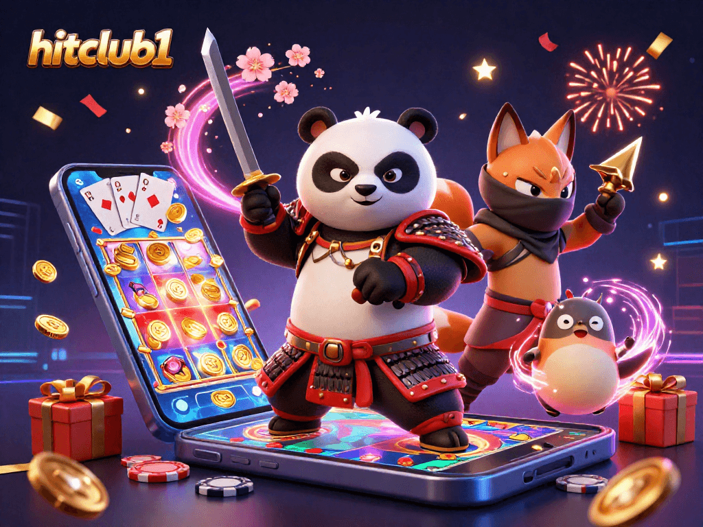 hitclub1 elevates gameplay as a samurai panda wields a katana amidst vibrant casino action.