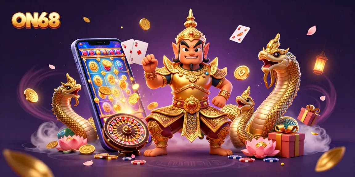 Engage with ON68's dynamic slot games and festive characters around vibrant casino elements.