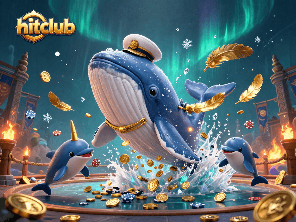 Join the hitclub action with a whimsical 3D scene of a whale, narwhal, and dolphins amidst casino treasures.