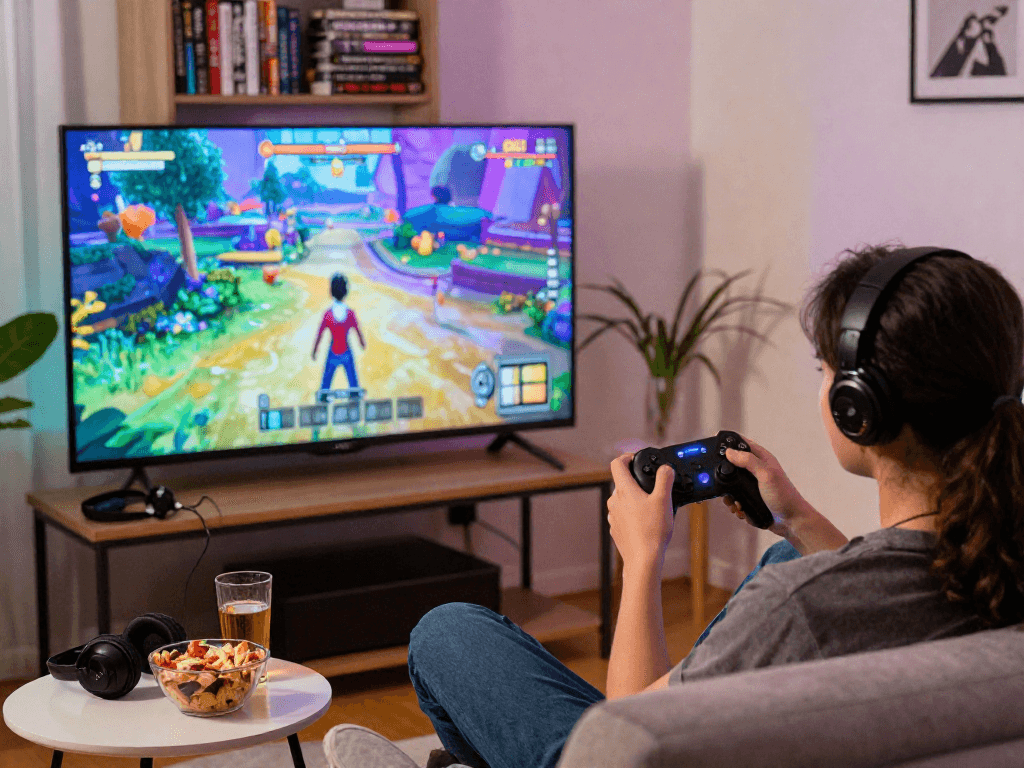Person enjoying a sex game on a large-screen TV in a cozy living space, showcasing vibrant graphics and relaxing ambiance.