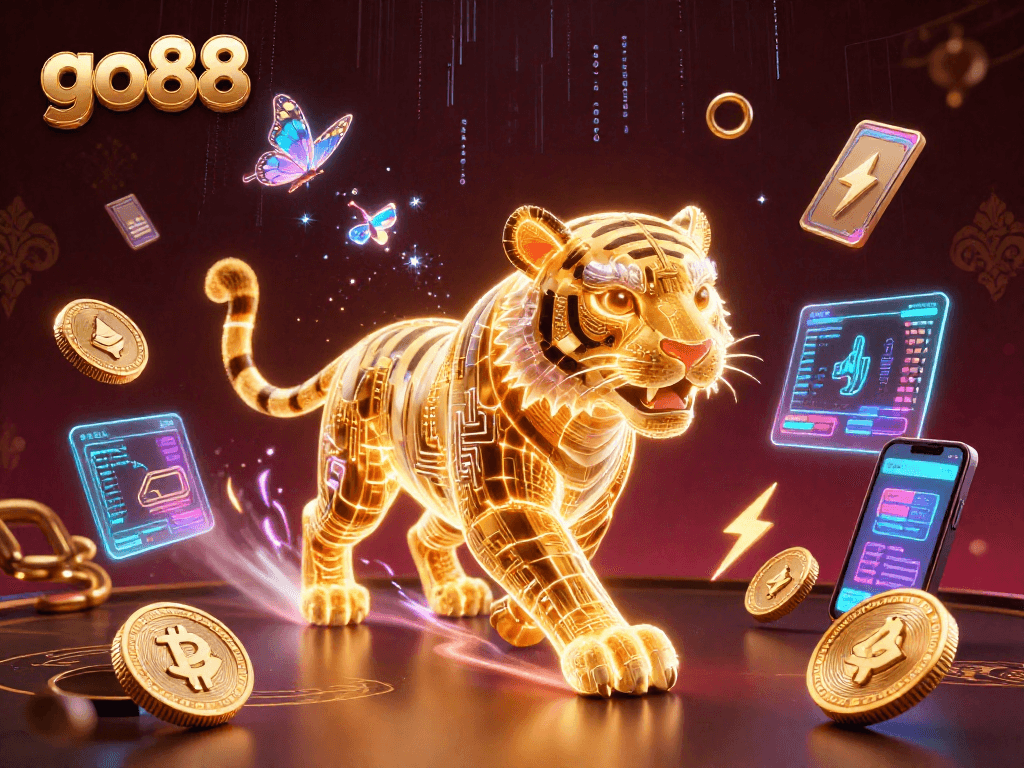 Experience the thrill of go88's digital casino with this vibrant 3D illustration featuring a lively tiger and crypto elements.