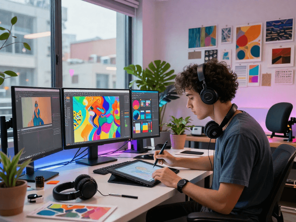 Creative artist working on digital artwork for nsfw ai in vibrant urban studio