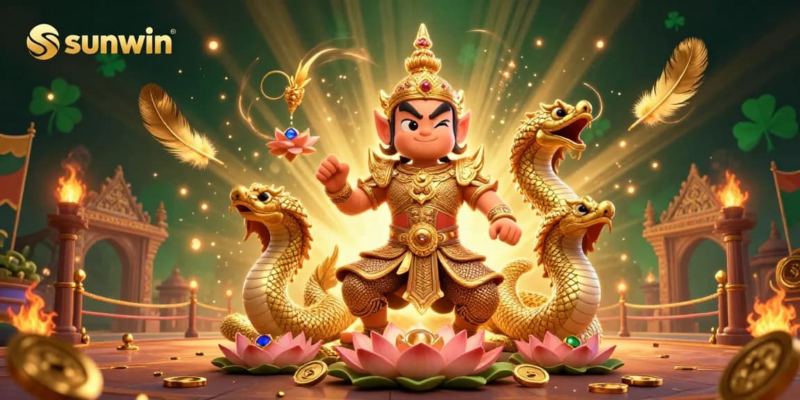Experience sunwin’s rich gambling excitement with Thai guardians amidst shimmering gold tokens and vibrant casino elements.