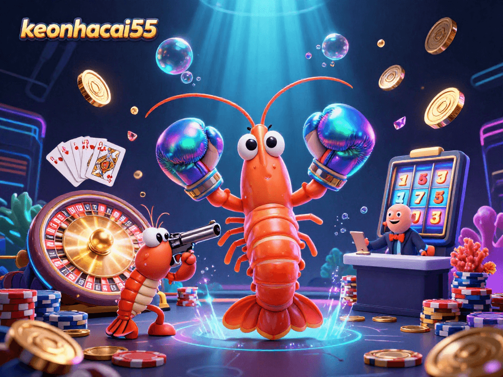 Engage in thrilling games with keonhacai55 as vibrant characters celebrate casino wins amid cascading coins.