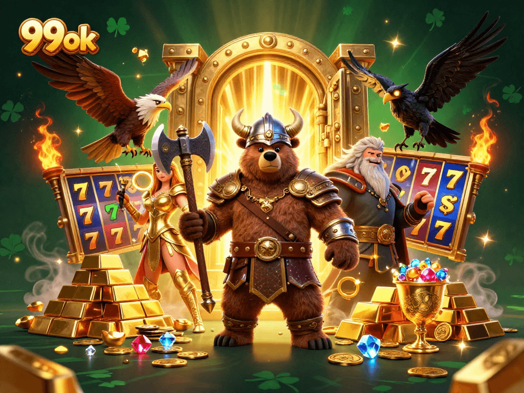 Spin to win with vibrant 99ok slot reels amidst Viking treasures and enchanting Valkyries.