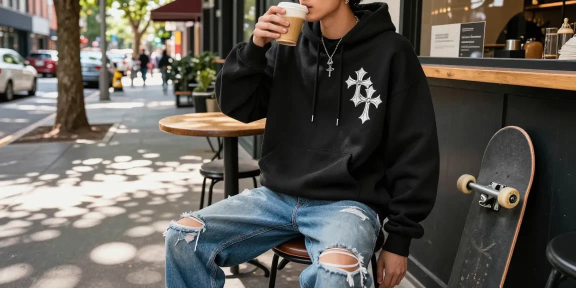Fashionable individual in a Chrome Hearts hoodie enjoying coffee in a trendy café.