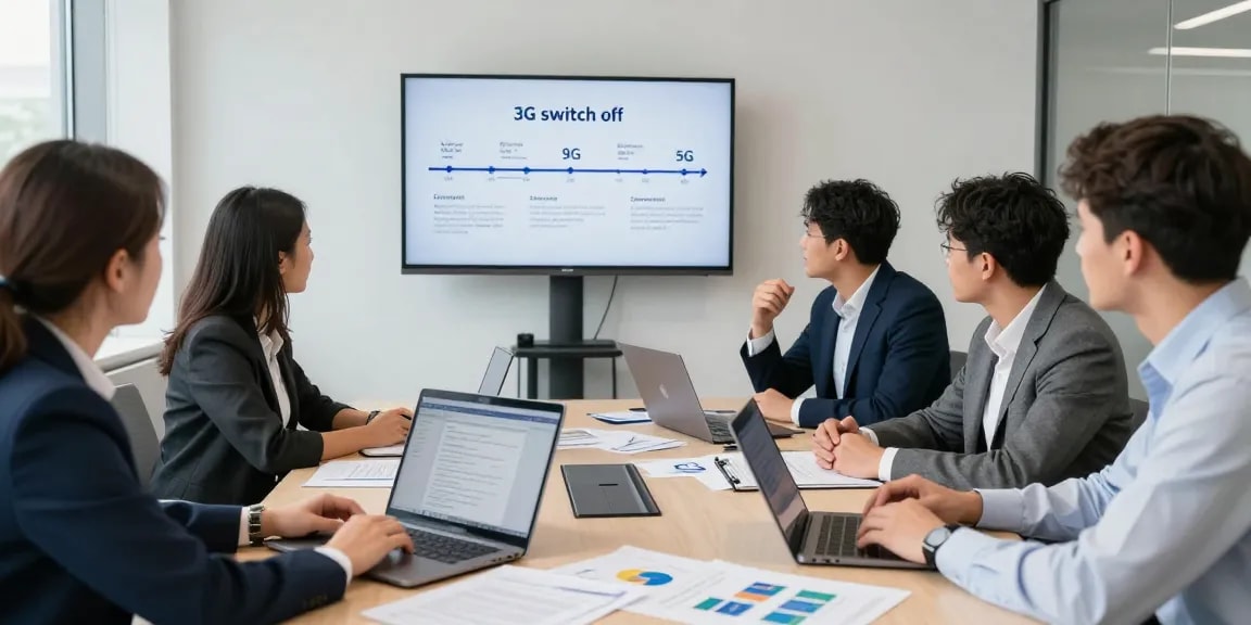 Business professionals discussing the 02 3G switch off impact in a modern office environment.