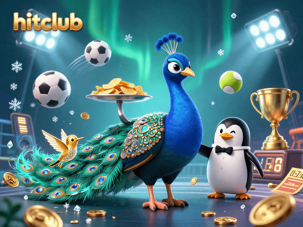 Experience thrilling gameplay with hitclub, featuring a vibrant 3D casino scene with peacock and sports elements.