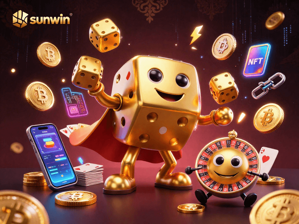 Engage with sunwin as a golden dice golem juggles crypto coins in this vibrant casino scene.