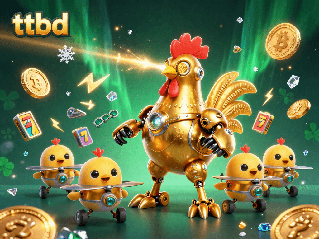 Engage with the thrilling vision of ttbd showcasing a golden rooster robot amidst shimmering gambling elements.