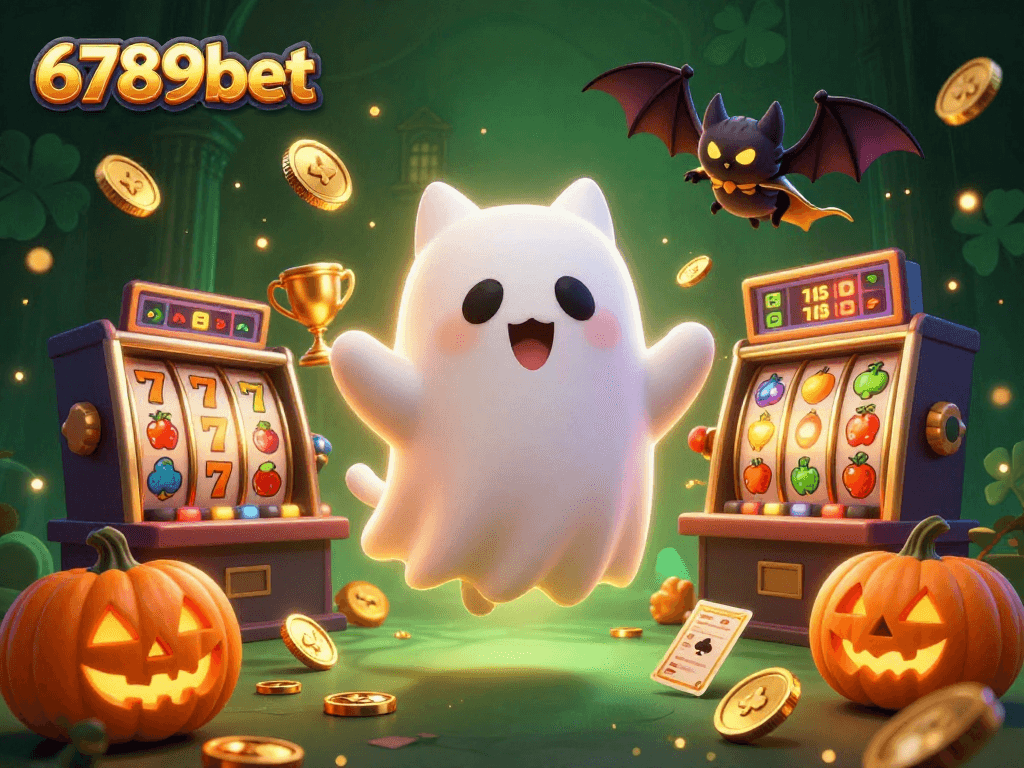 Play slots at 6789bet with a ghost cat and vampire bat in a haunted casino.