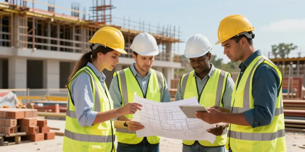 Team collaborating on construction estimating services at a modern site with blueprints.