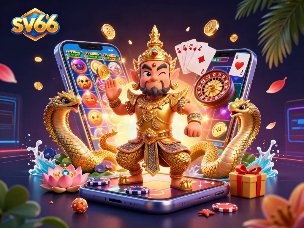 Experience thrilling gaming with sv66 in a captivating 3D casino illustration of a temple guardian and slots.