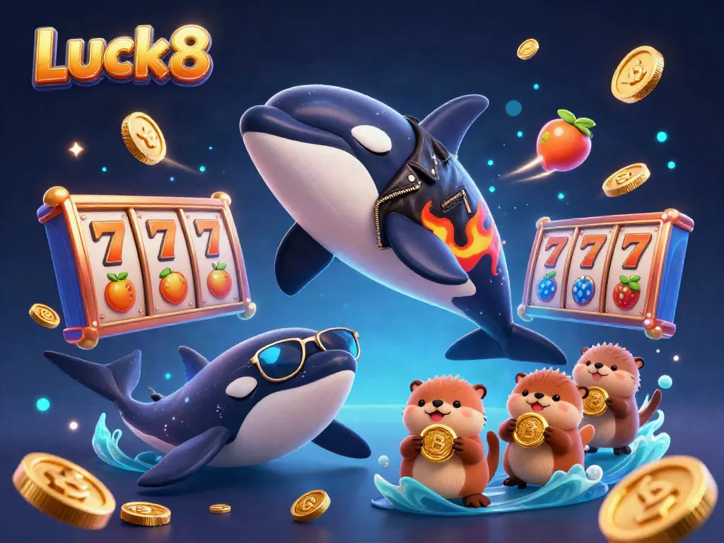 Experience thrilling gameplay at Luck8, where a vibrant scene highlights an orca, stingray, and otters celebrating with golden coins.