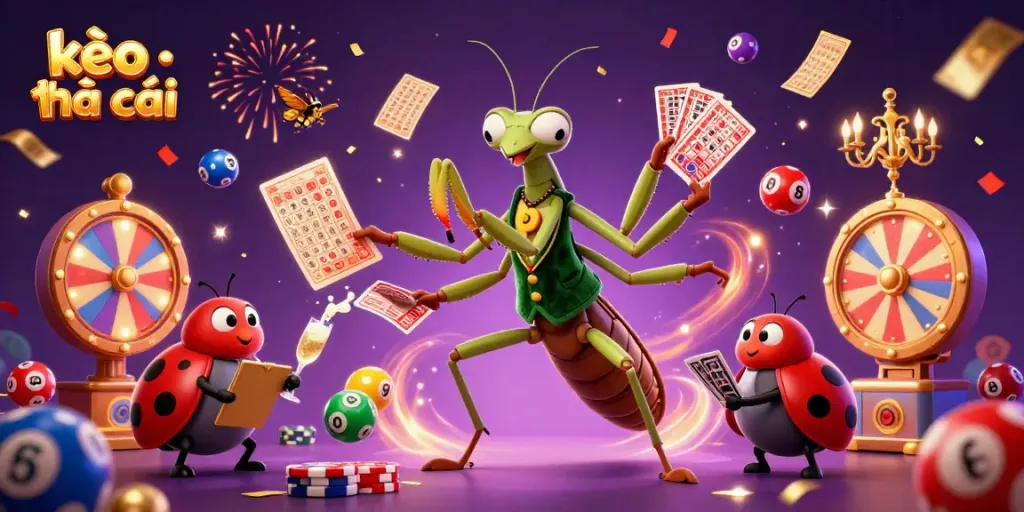 Engaging 3D scene depicting kèo nhà cái with a giant mantis card sharp and ladybug pit boss in a vibrant casino setting.