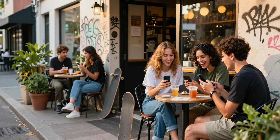 Young adults sharing NSFW content at a café, reflecting urban lifestyle and social interactions.
