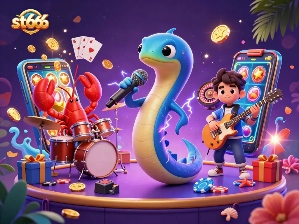 st666 offers a vibrant underwater casino scene with electric eel DJ and game elements.