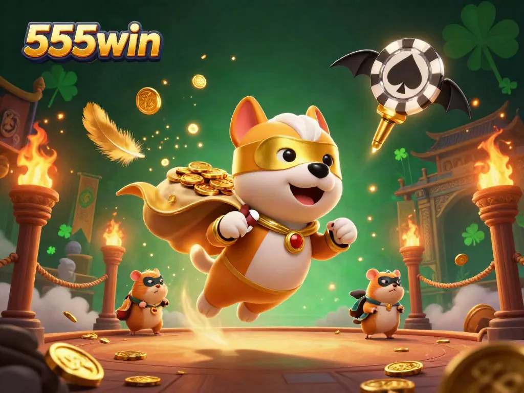 Experience the excitement of 555win with a cartoon superhero dog flying through a vibrant casino-themed scene.