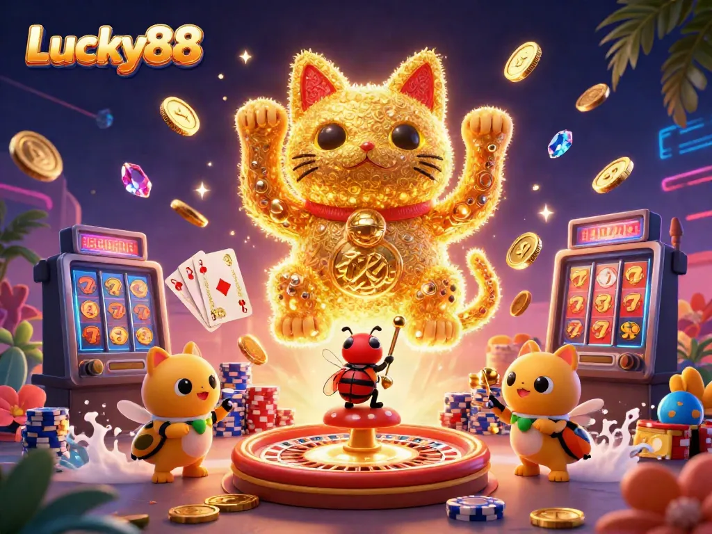 Immerse in Lucky88's vibrant world as golden fireflies and a lucky cat bring casino excitement alive.