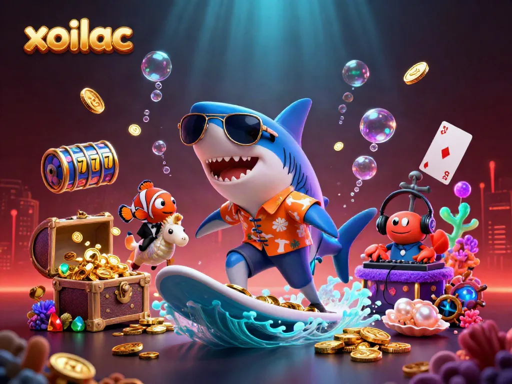 Xoilac invites players into an engaging casino scene with a hammer-head shark, clownfish, and DJ crab amidst floating slot reels and gold coins.