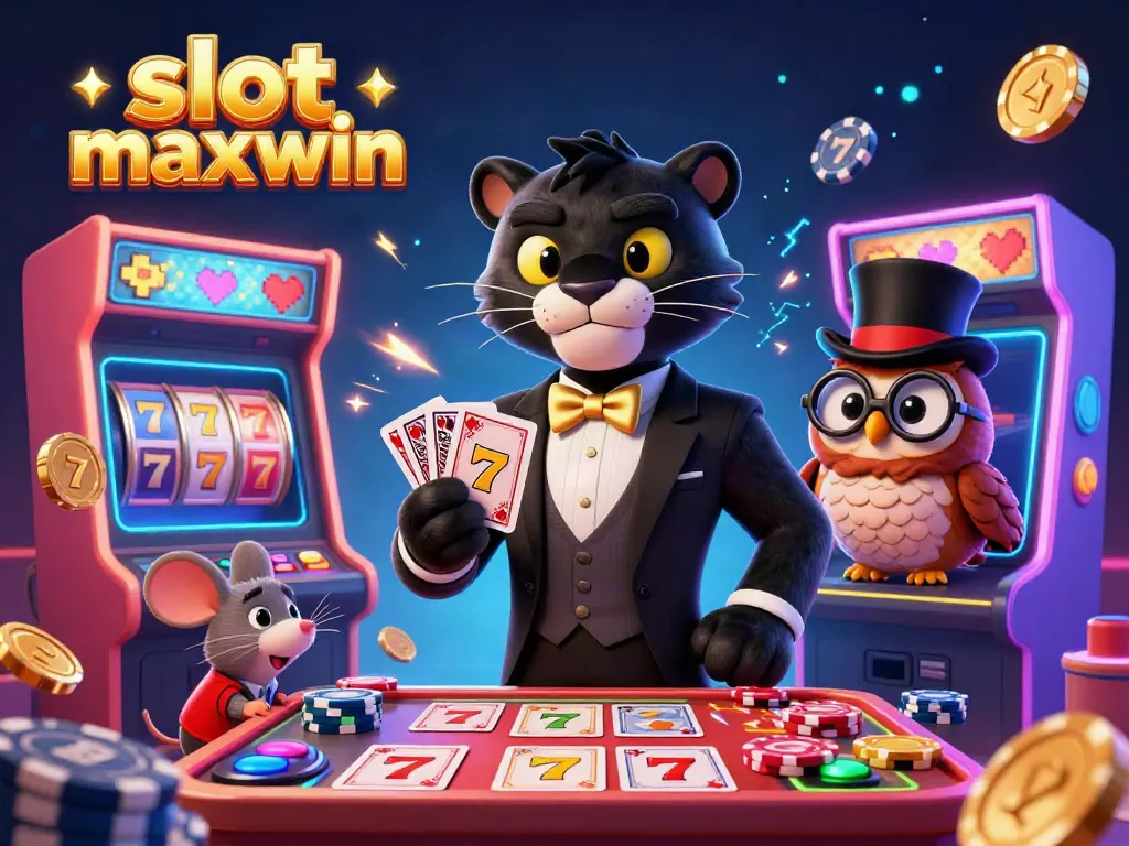 Engage with slot maxwin excitement through a creative, colorful 3D scene of casino characters and elements.