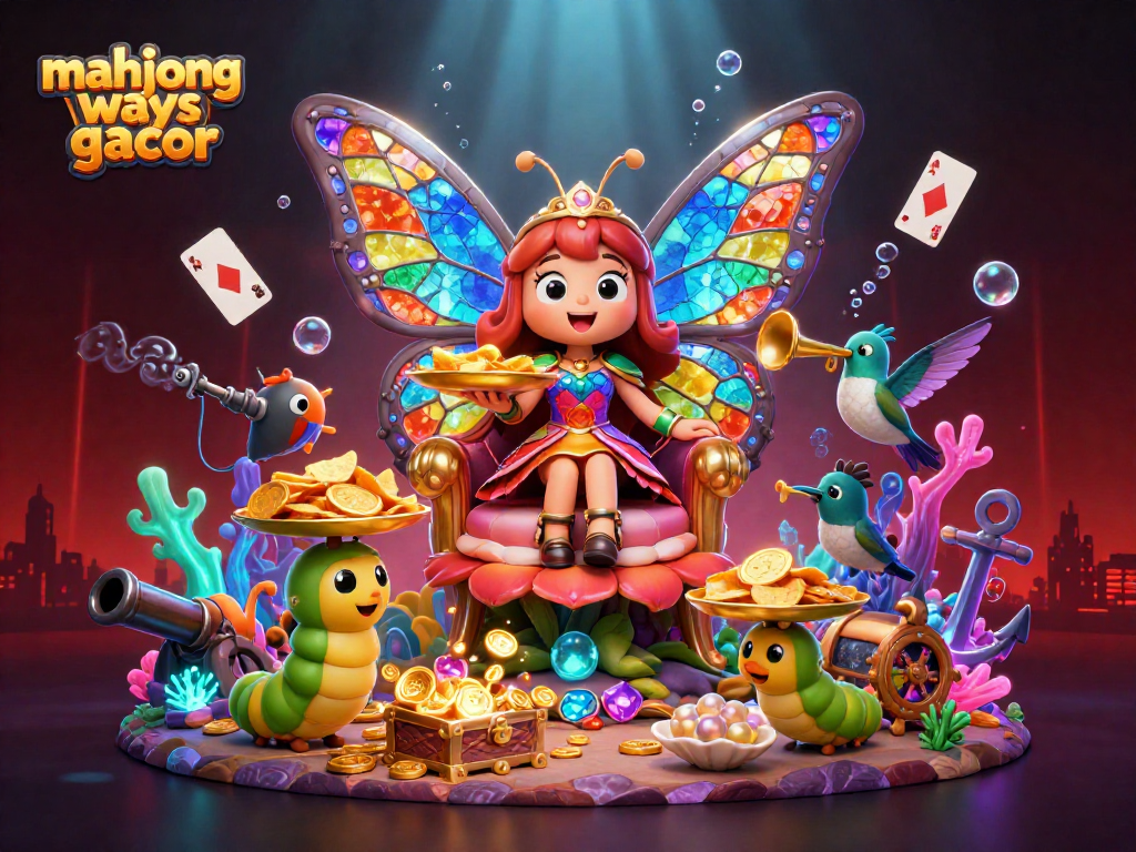 Engage with mahjong ways gacor in this vibrant casino scene featuring a butterfly queen and rich game elements.