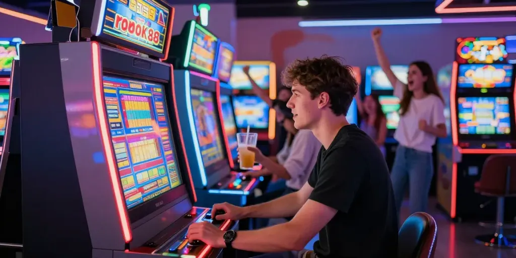 Exciting moment at the rokok88 slot machine in a vibrant arcade.