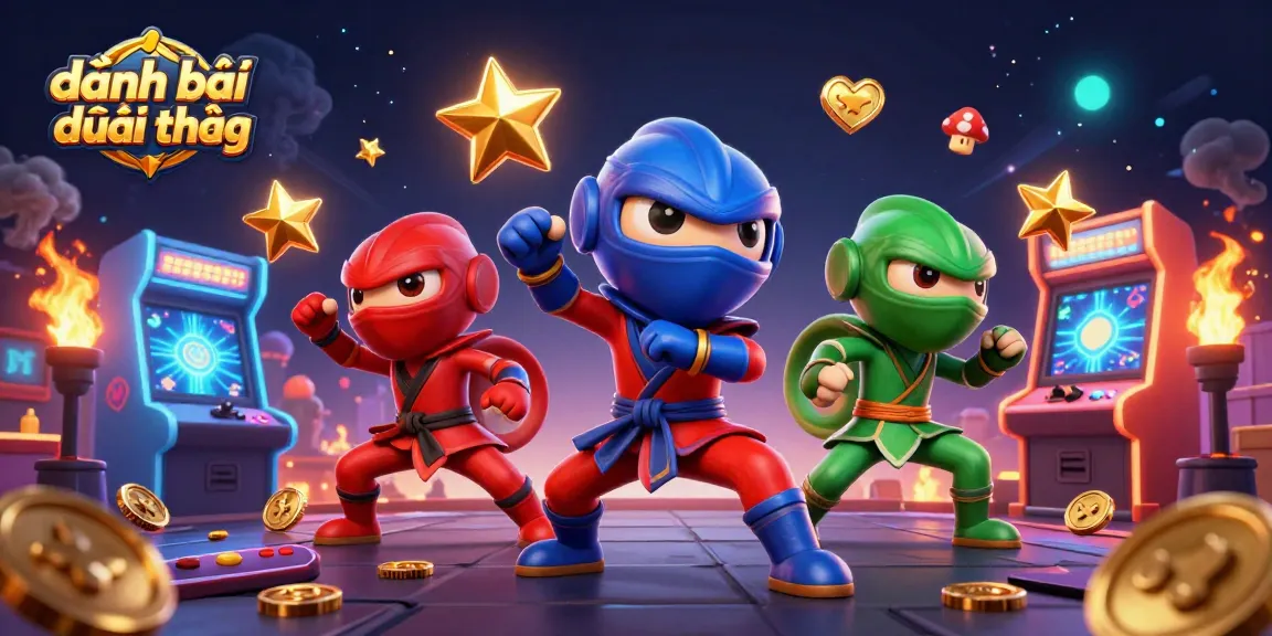Engage in đánh bài đổi thưởng with vibrant characters amid dynamic arcade machine action.