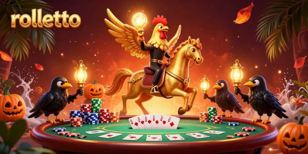 Experience rolletto's vibrant midnight casino scene with golden rooster hero amidst dynamic poker action.
