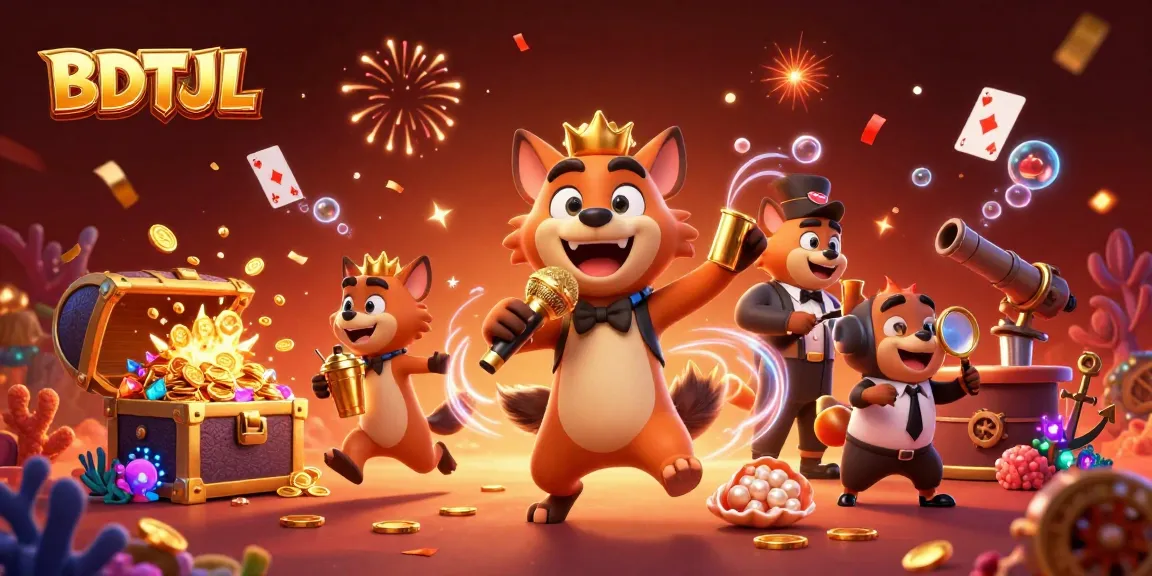 Engage with BDTJL's vibrant comedy casino scene featuring hyenas, celebration colors, and dynamic game elements.