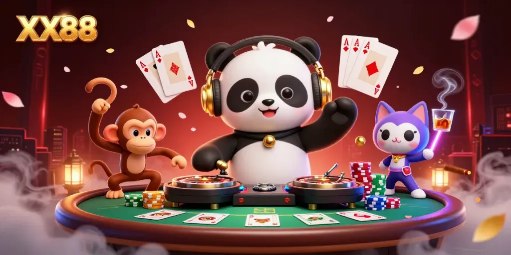 Experience the exciting atmosphere of XX88 with a lively casino scene featuring animated characters and vibrant casino elements.