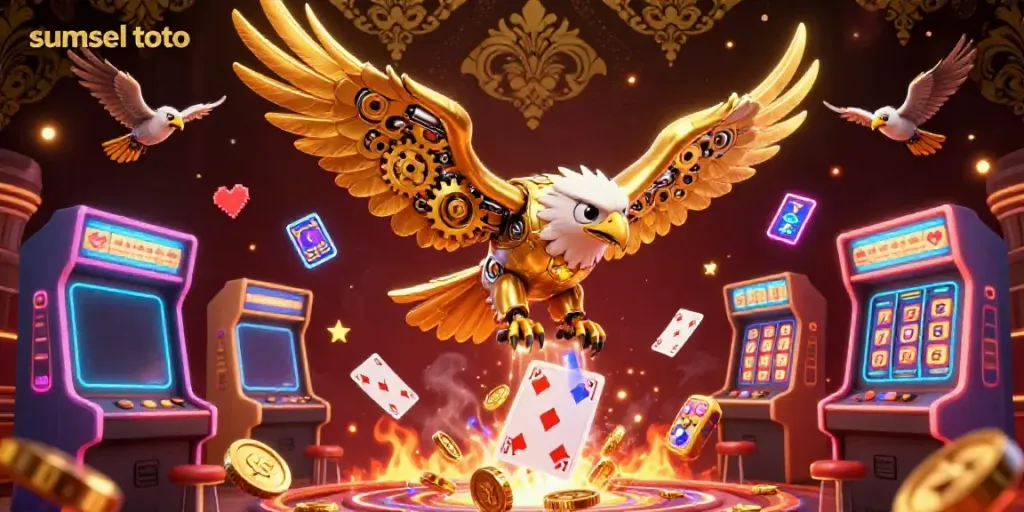 Join the excitement of sumsel toto with a golden eagle soaring through holographic casino elements and vibrant 3D arcade games.