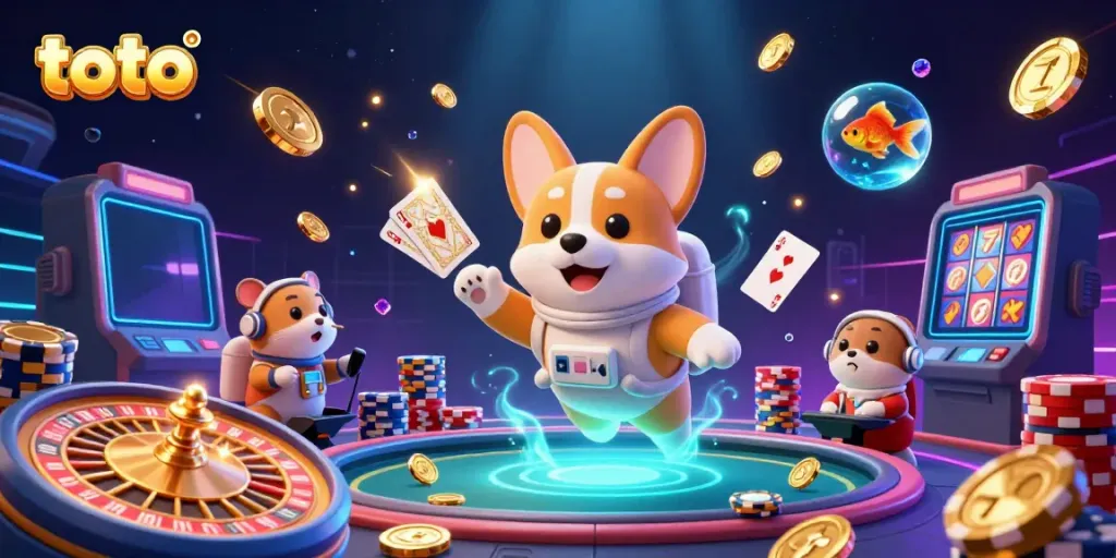 Engage with toto's dynamic gameplay in a vibrant casino scene filled with floating characters and thrilling game elements.
