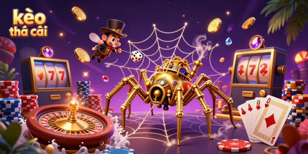 Engage with kèo nhà cái through this lively 3D illustration of a steampunk spider catching dice, illustrating key gaming elements.