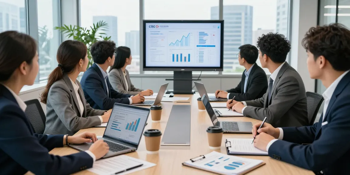 Équipe dynamique de professionnels en réunion autour de la table, stratégie bancaire CIBC business en action.