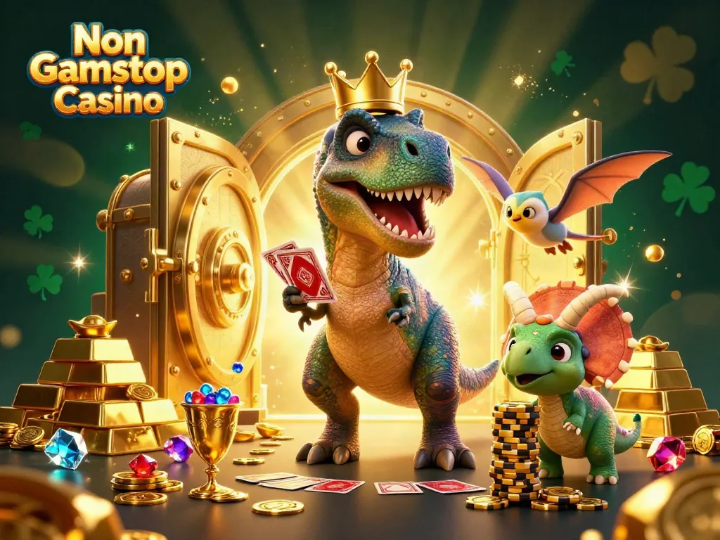 Experience the excitement of Non Gamstop Casino with a T-Rex shuffling cards and triceratops stacking chips in a rich, golden scene.