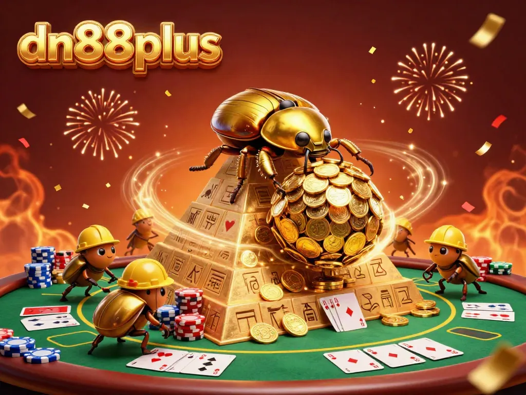 Join the excitement at dn88plus casino with a lively scene of cartoon beetles rolling coins amidst casino elements.