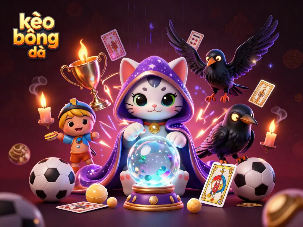 Engaging scene showing kèo bóng đá with mystical cat, raven, and dynamic sports betting elements