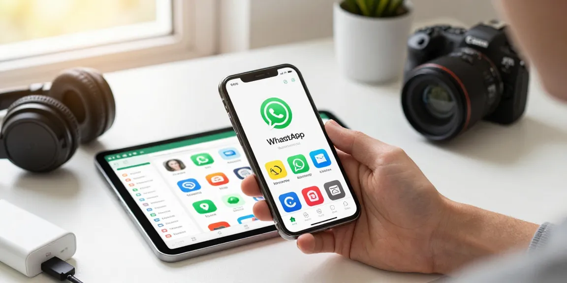 User exploring WhatsApp下載 in a mobile app store with dynamic tech elements