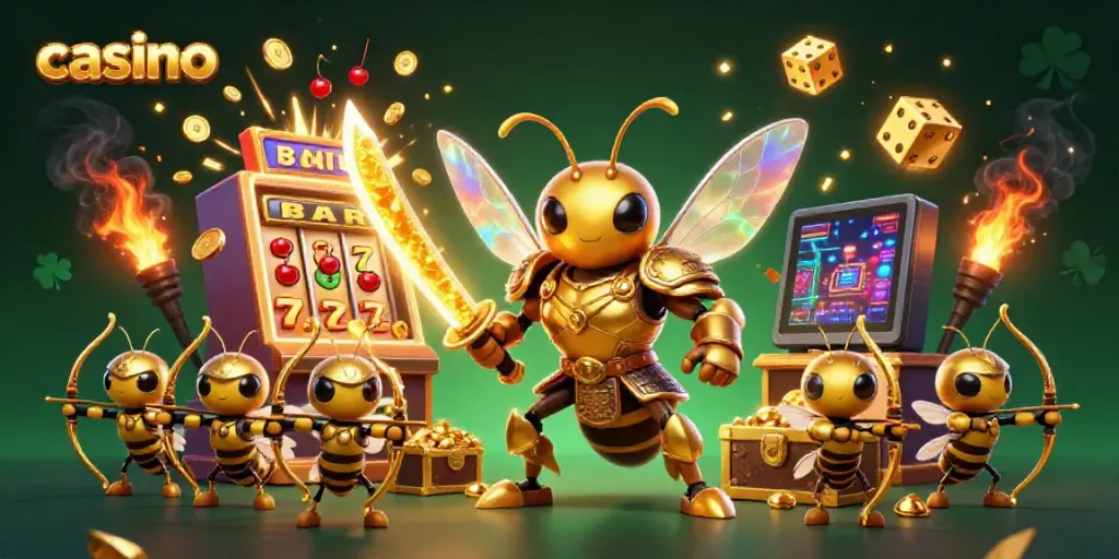 Experience an exciting casino jackpot scene featuring buzzing hornets celebrating wins.