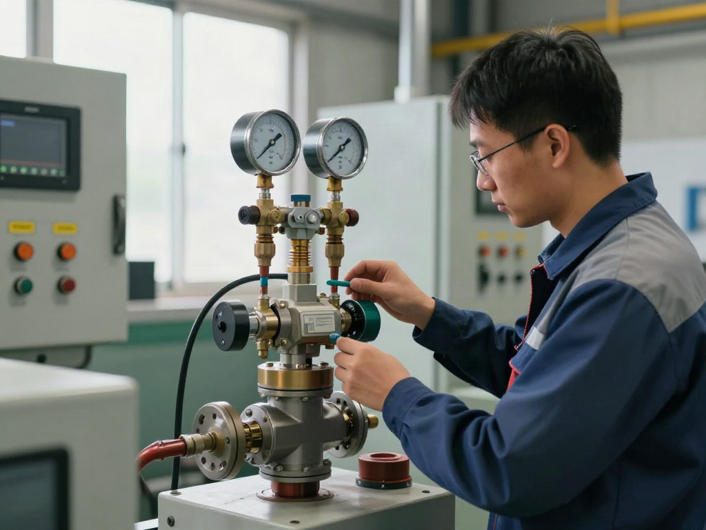 Mechanical pressure switch manufacturer technician adjusting settings in industrial environment.
