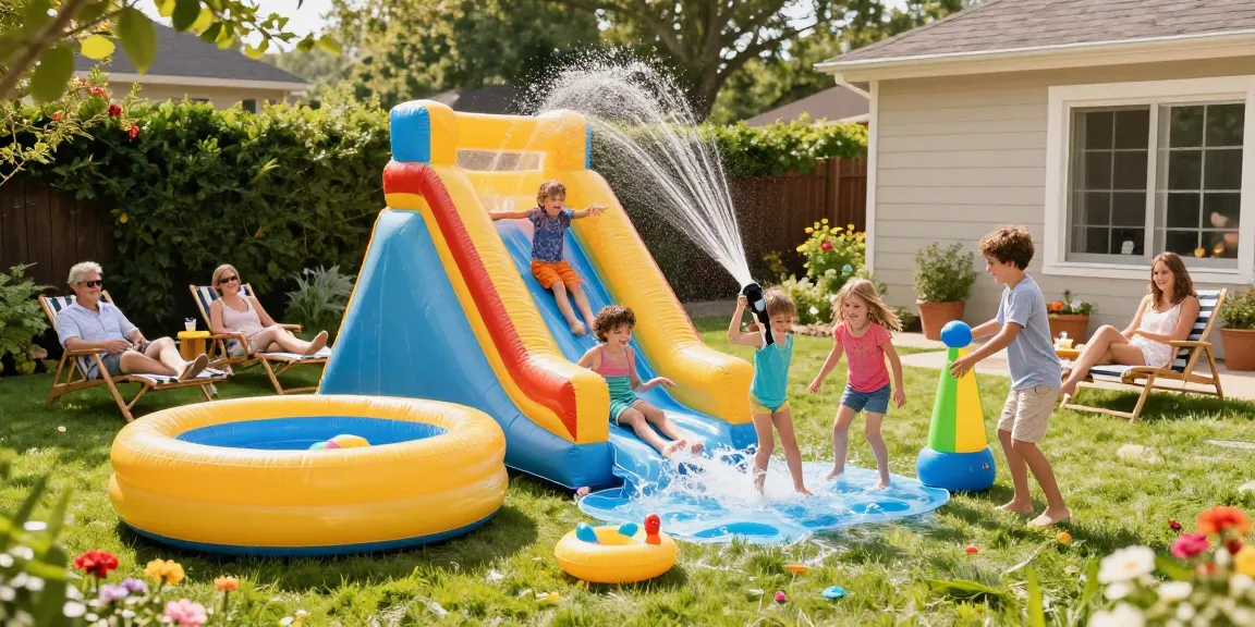 Children having fun on a colourful water slide in a sunny backyard.