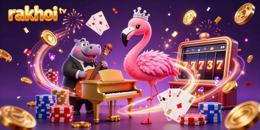 Join the excitement of rakhoi tv with a colorful casino scene featuring a flamboyant flamingo singer and hippo bassist, amidst flying coins and poker chips.