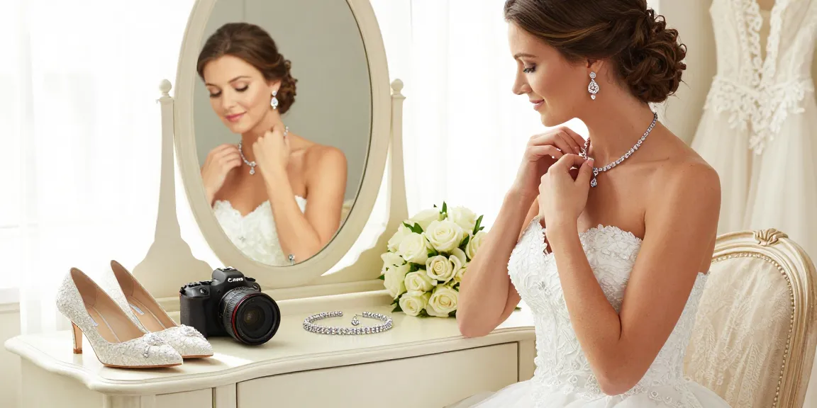 Bridal diamond jewellery enhances a bride's beauty while preparing for her wedding.