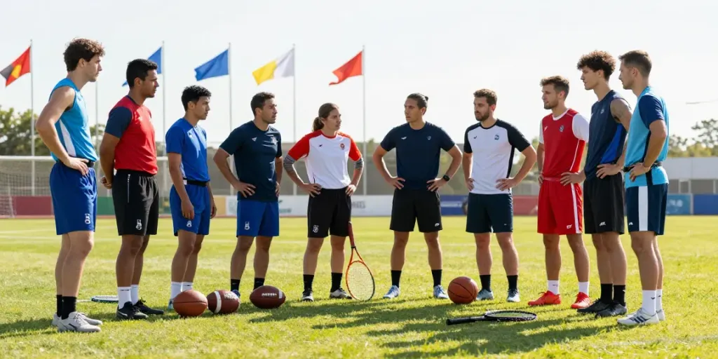 He said strategies about teamwork at a sports event with athletes in jerseys.