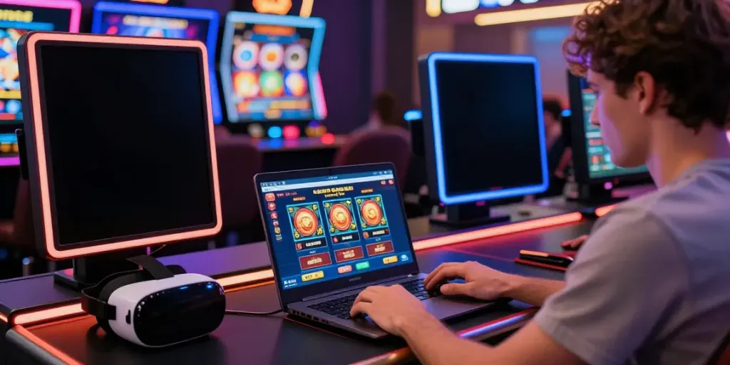 Player engaging with a credit card casino on a laptop, surrounded by vivid gaming accessories and a vibrant atmosphere.
